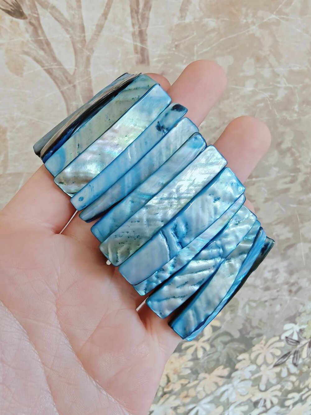 Blue Iridescent Abalone Shell Statement Stretch Bracelet Coastal